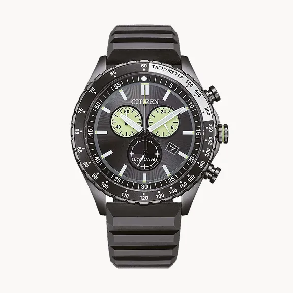 AT2565-05E - Schwarzer Citizen Sporty Chronograph mit neongrünen Zeigern und texturiertem dunklen Armband.