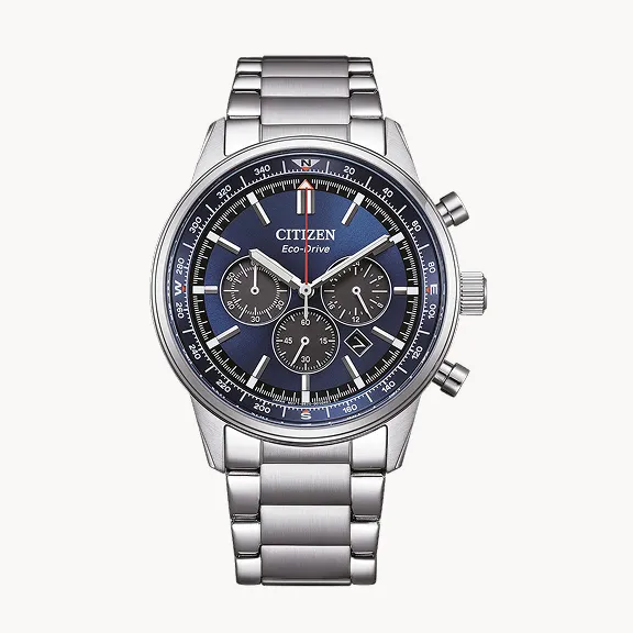 CA4720-52L - Citizen Pilot Classic Chronograph mit tiefblauem Zifferblatt und silbernem Edelstahlgehäuse.